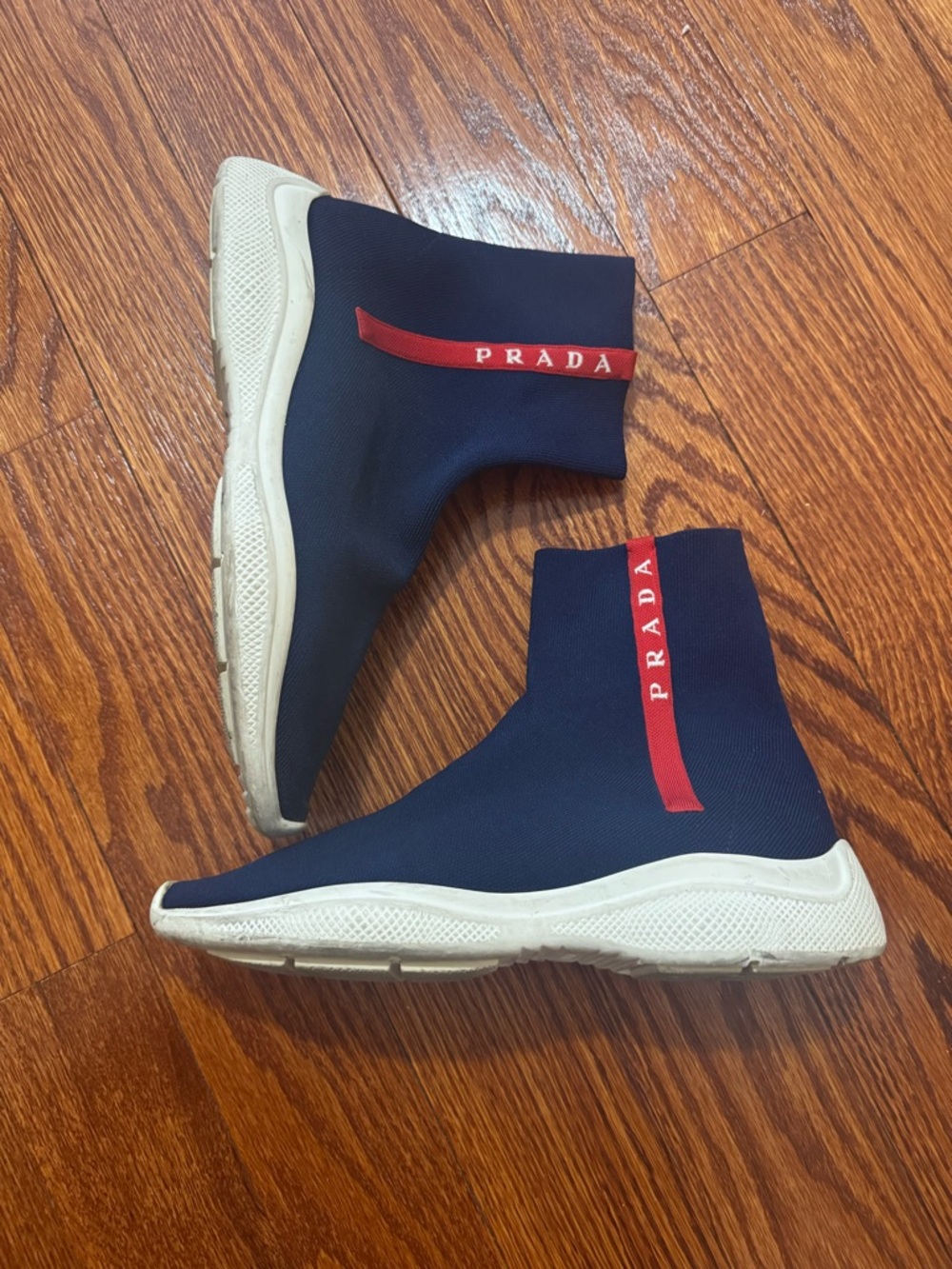 Prada Navy Knit Sock Sneakers with Red Logo Tab